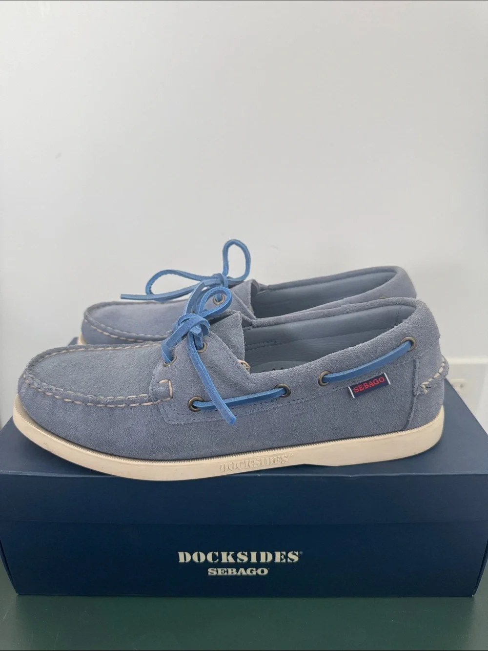 Docksides Sebago Light Blue Suede Moccasins with Blue Laces